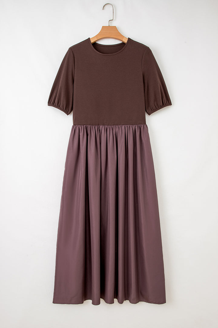 Coffee Short Sleeve Knit Top Patchwork Pleated Long Dress