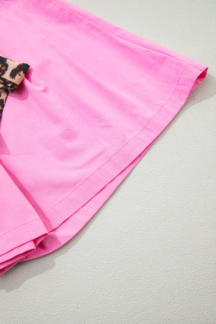 Bright Pink Leopard Contrast Sash Belt Pleated Wide Leg Shorts