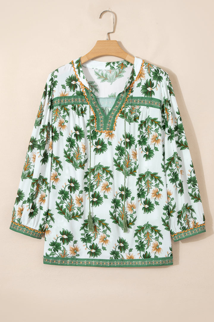 Green Plus Size Floral Printed Contrast Patchwork Detail Tassel Tie 3/4 Sleeve Blouse