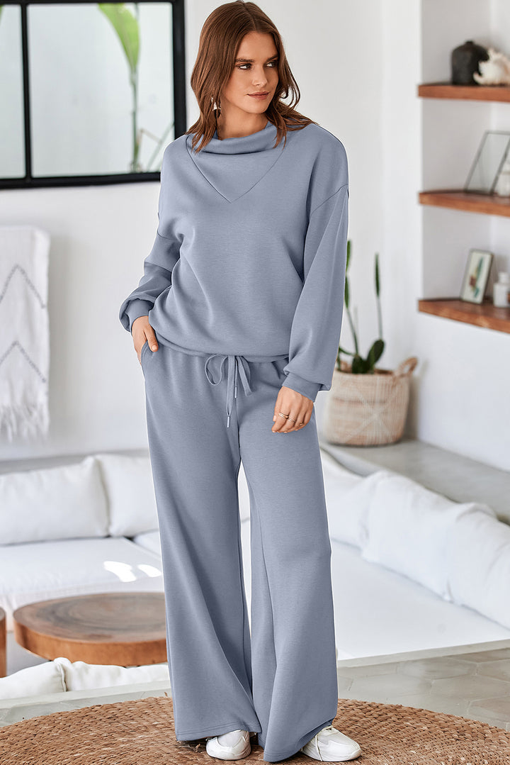 Dusk Blue Cowl Neck Drawstring Pullover Wide Leg Athleisure Pants Set