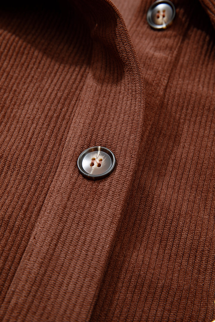 Coffee Floral Embroidered Collar Button Front Corduroy Jacket With Pocket