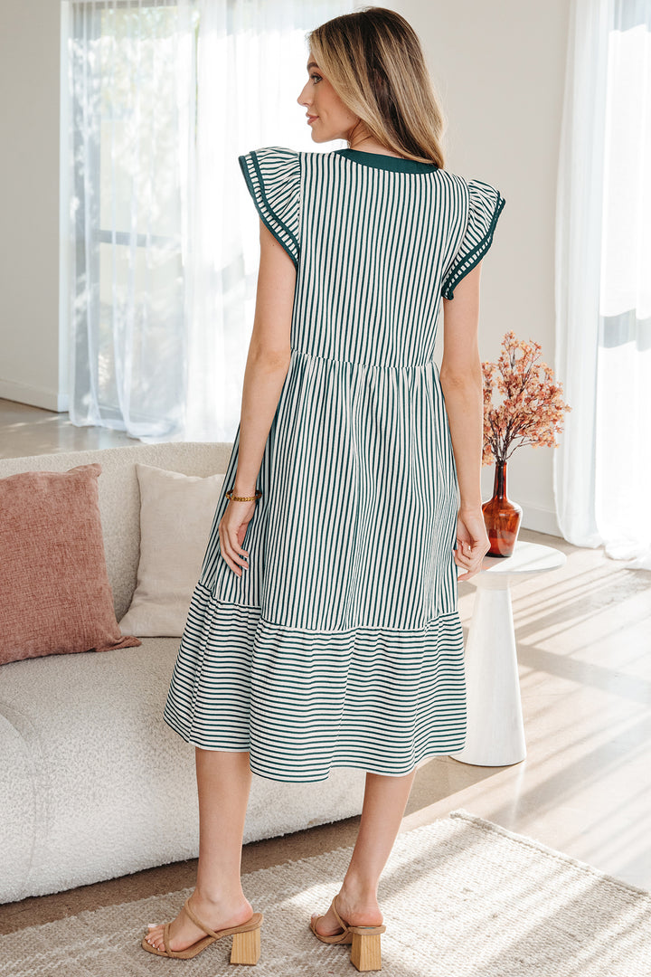 Double Ruffled Short Sleeve Contrast Trim V Neck Midi Dress