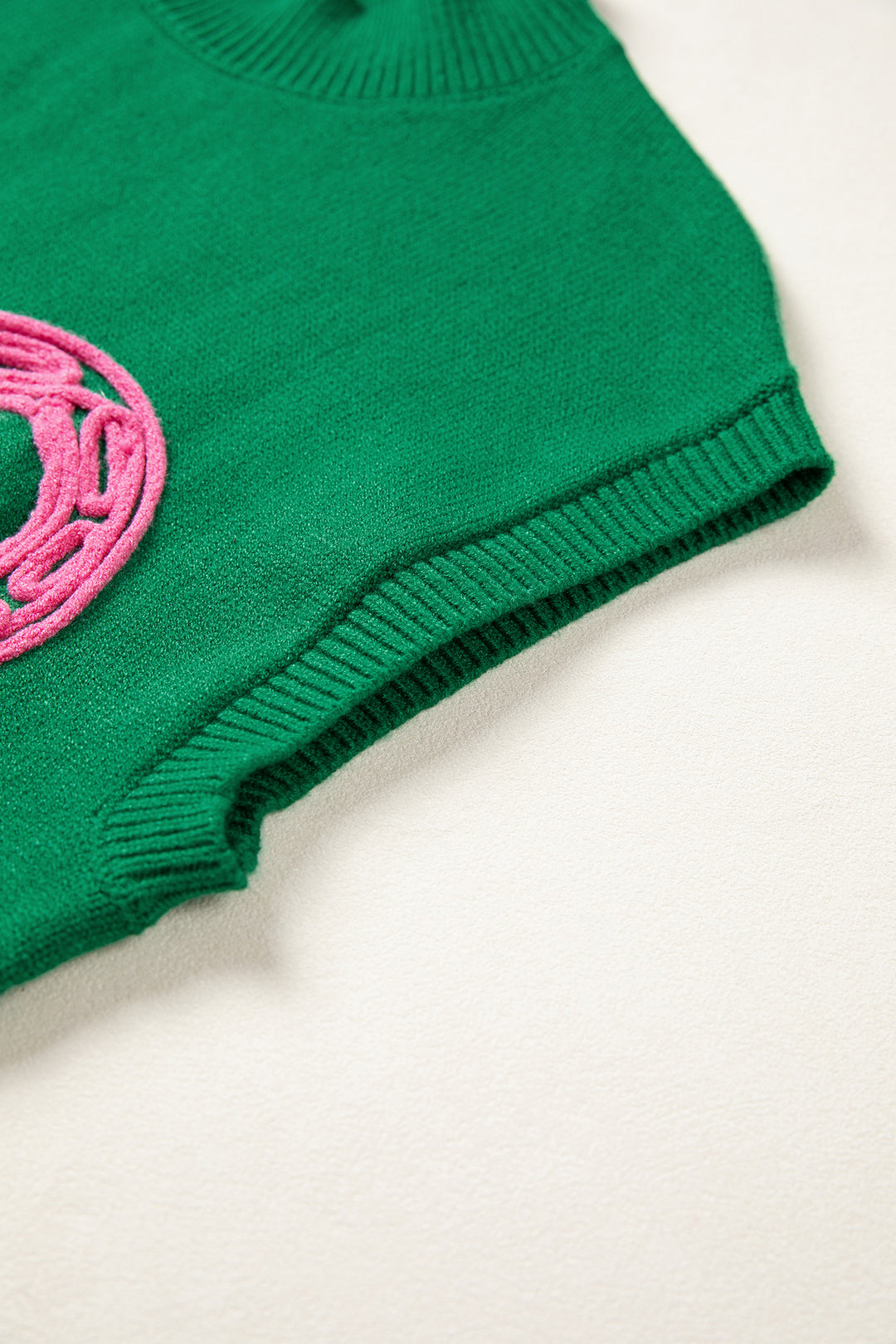 Bright Green Corded Horseshoes Ribbed Trim Mock Neck Short Sleeve Sweater
