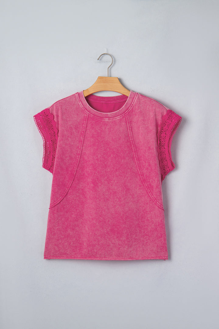 Pink Mineral Wash Raw Seam Detail Lace Trim Cap Sleeve Top