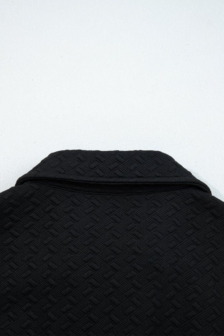 Black Stylish Textured Striped Patchwork Polo Collar Pullover Sweatshirt