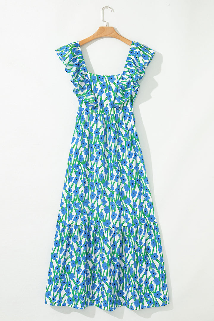 Floral Print Square Neck Ruffled Strap Maxi Dress