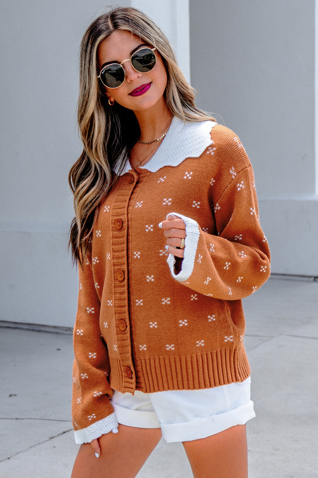 Orange Peter Pan Collar Colorblock Long Sleeve Knitwear Cardigan