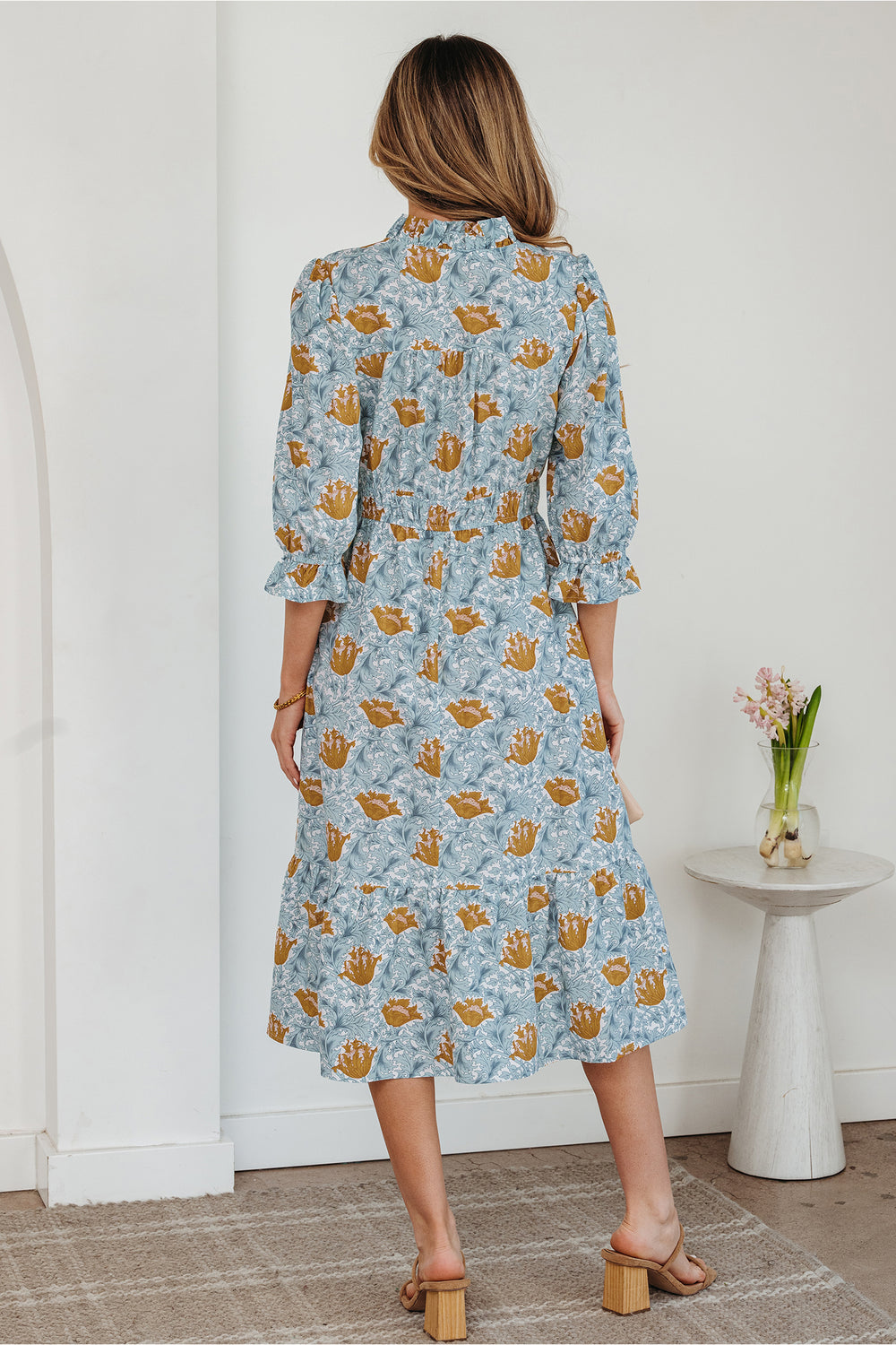 Floral Printed Frilled V Neck Bracelet Sleeve Long Dress