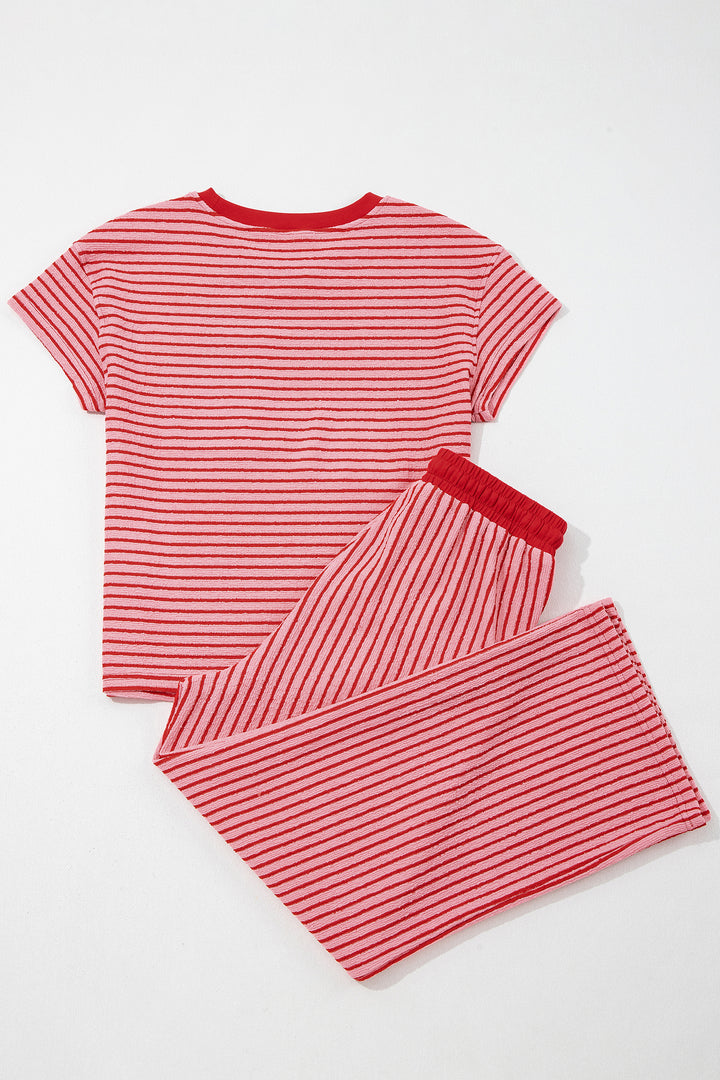 Rose Stripe Crew Neck Tee Drawstring Waist Cropped Pants Set