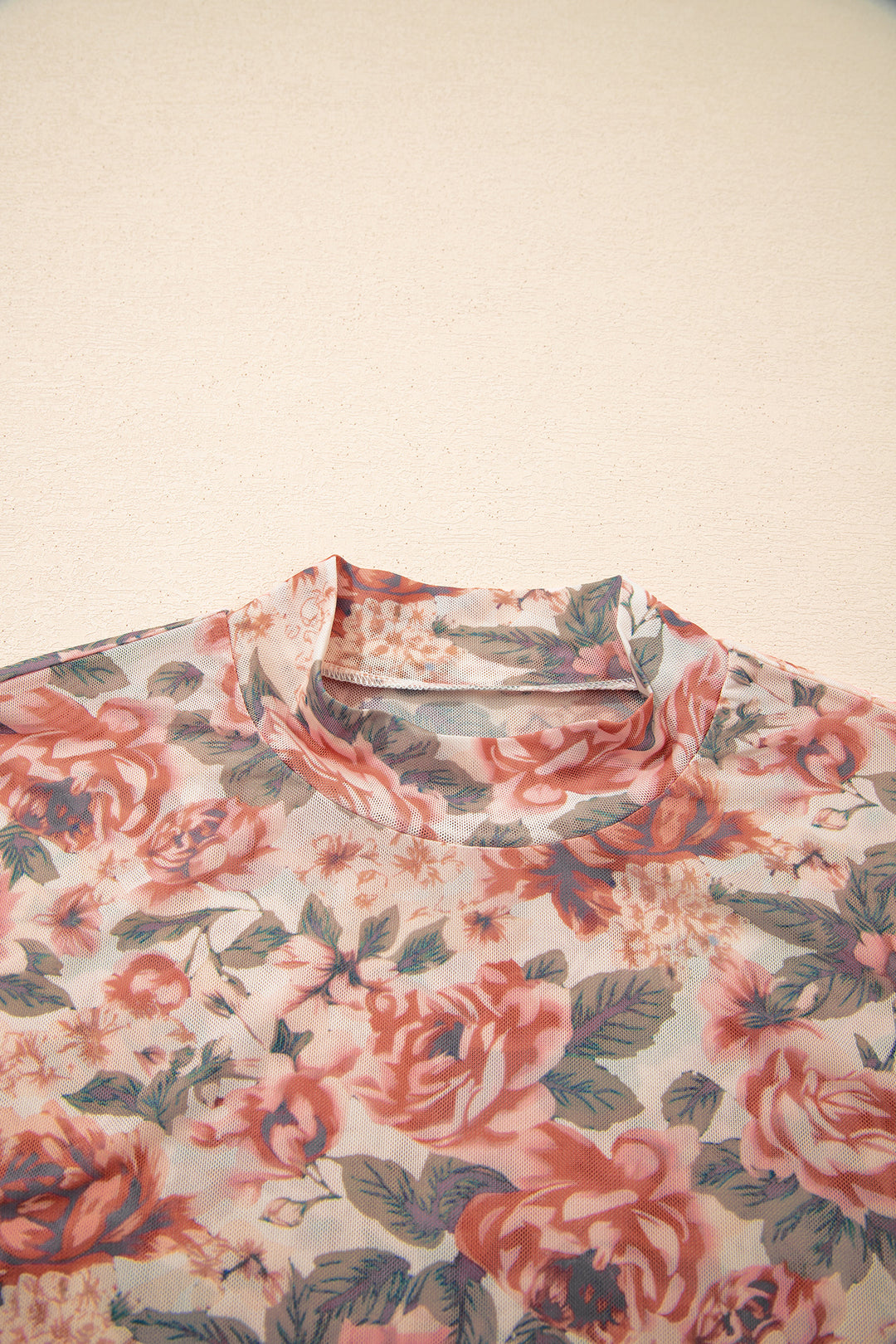 Retro Floral Print Mock Neck Mesh Long Sleeve Top