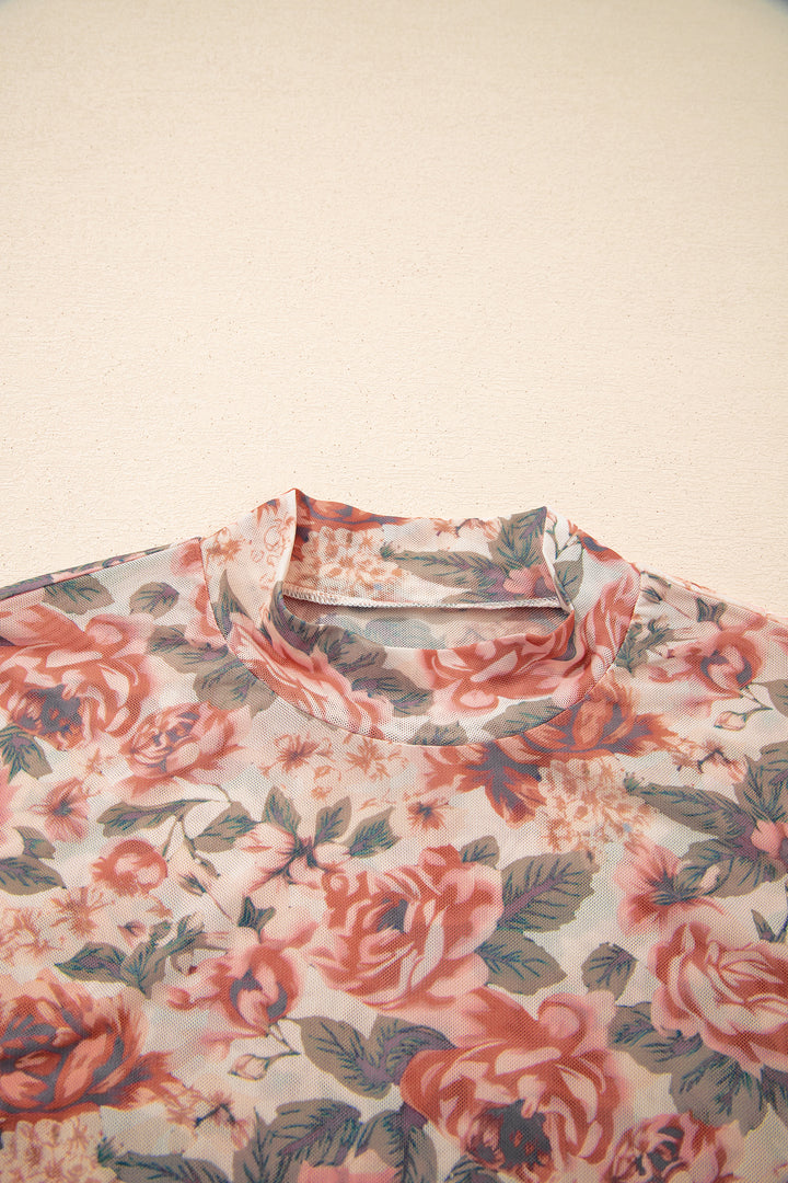 Retro Floral Print Mock Neck Mesh Long Sleeve Top