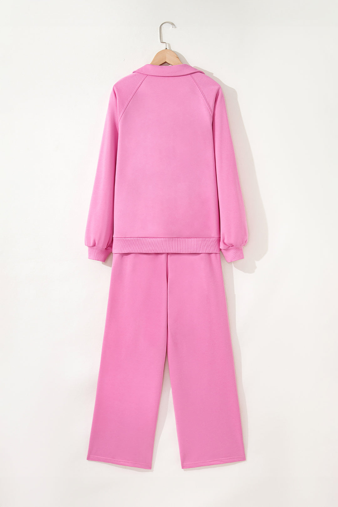 Bright Pink Polo Collar Pullover and Drawstring Sweatpants Set