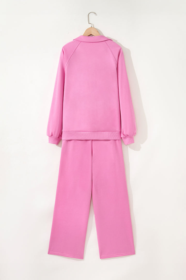Bright Pink Polo Collar Pullover and Drawstring Sweatpants Set