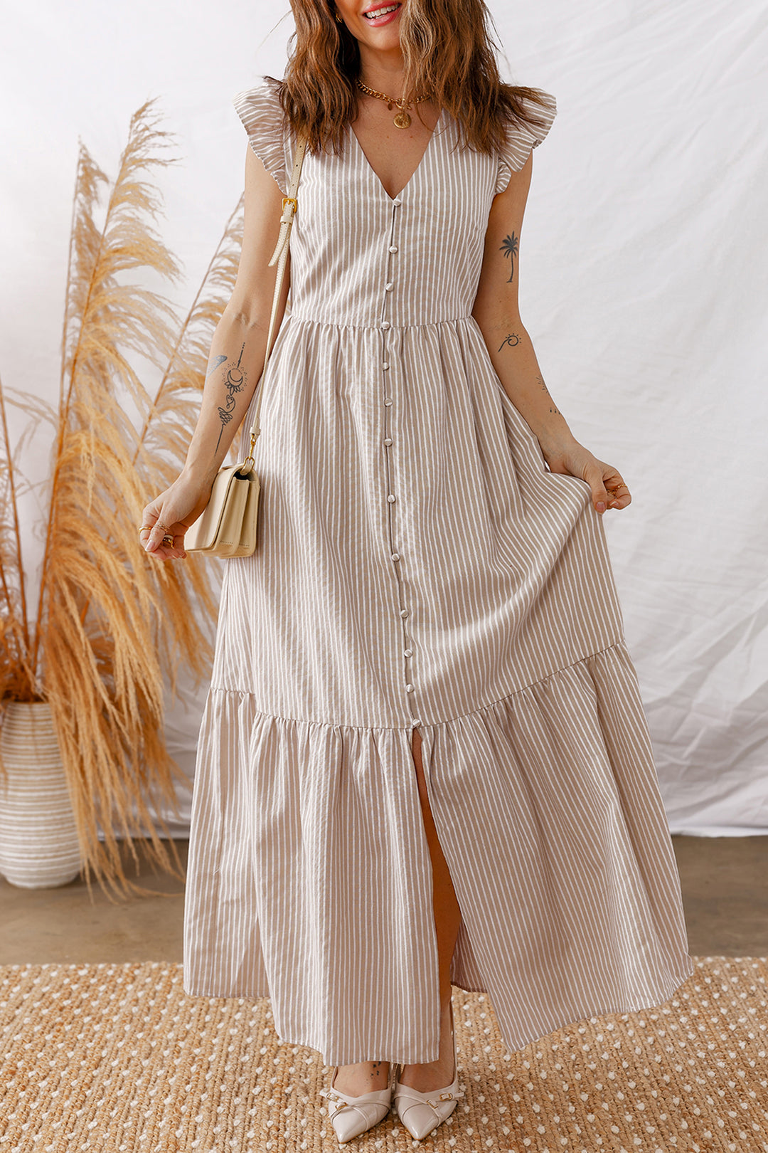 Flutter Sleeve Buttoned Front Slit Maxi Dress