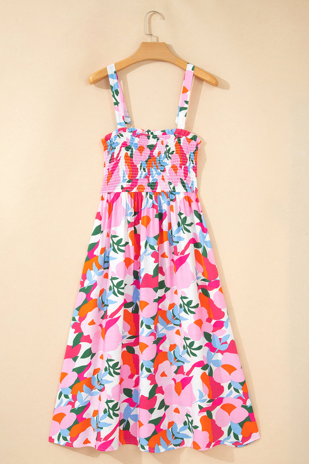 Pink Floral Print Adjustable Straps Smocked High Waist Sundress
