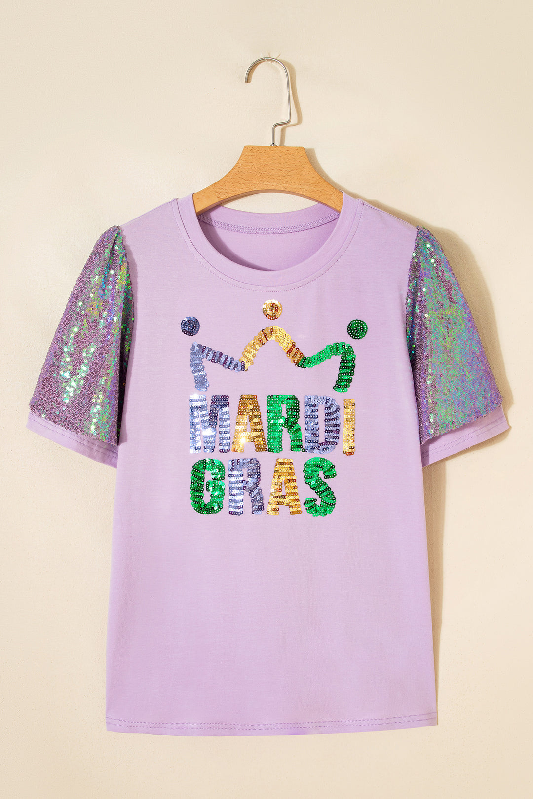 Orchid Petal Sequined MARDI GRAS Graphic Patchwork T Shirt