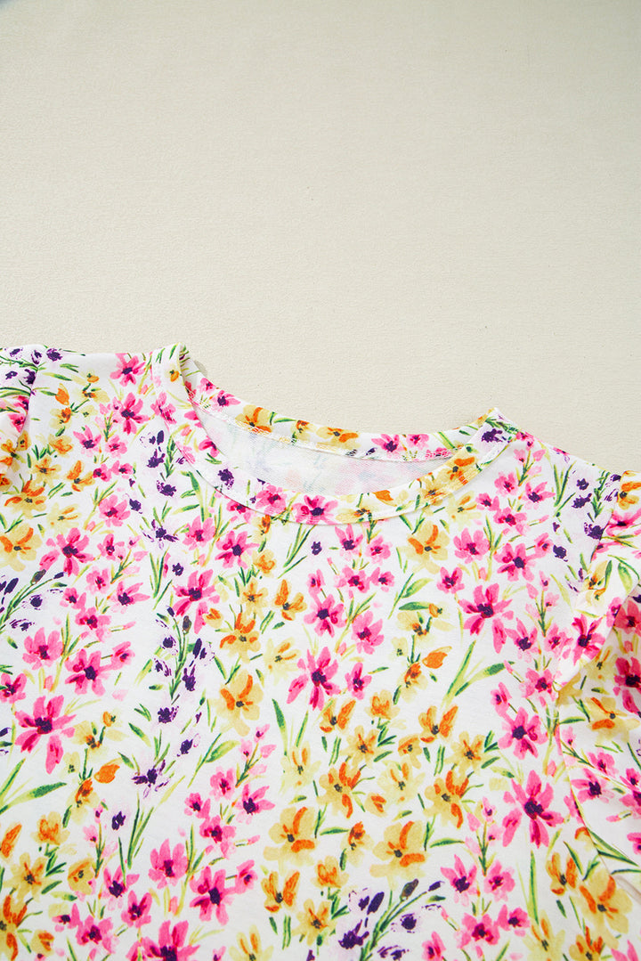 floral puff short sleeve crewneck blouse