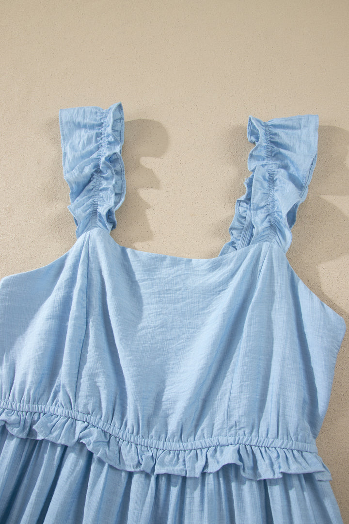 Beau Blue Solid Color Ruffle Trim High Waist Sleeveless Maxi Dress