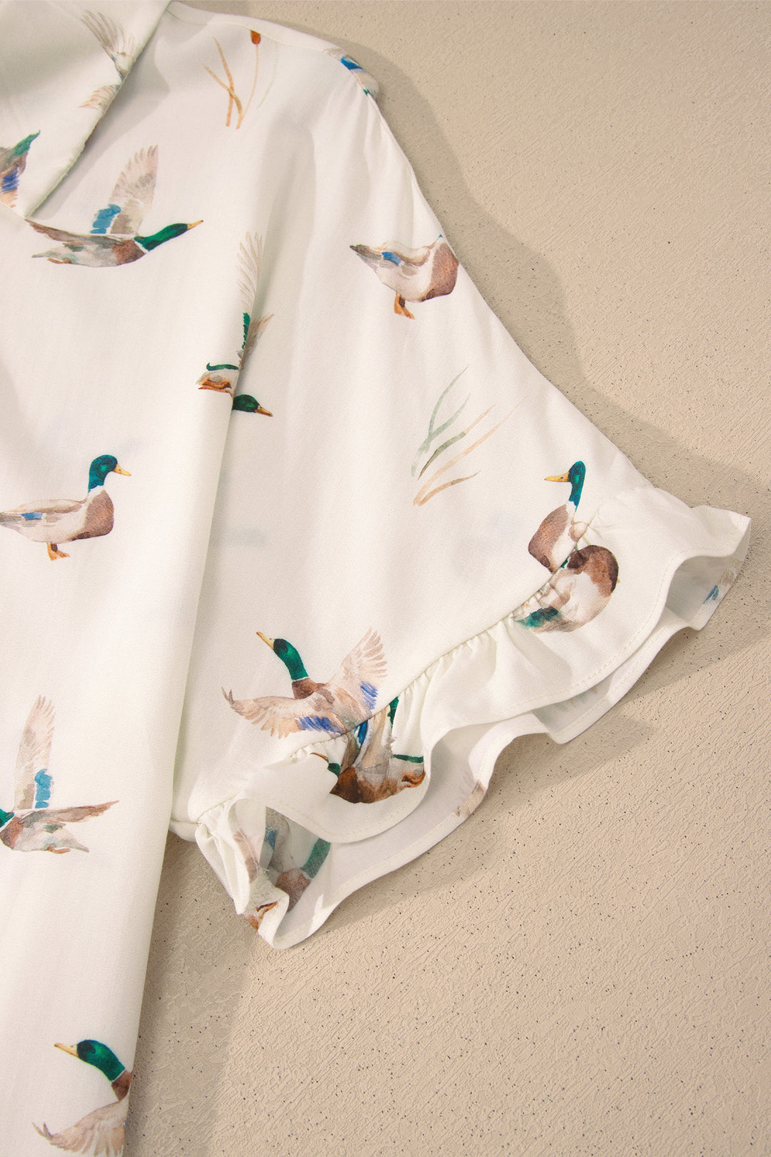 Beige Mallard Print Shirt Style Short Two Piece Set