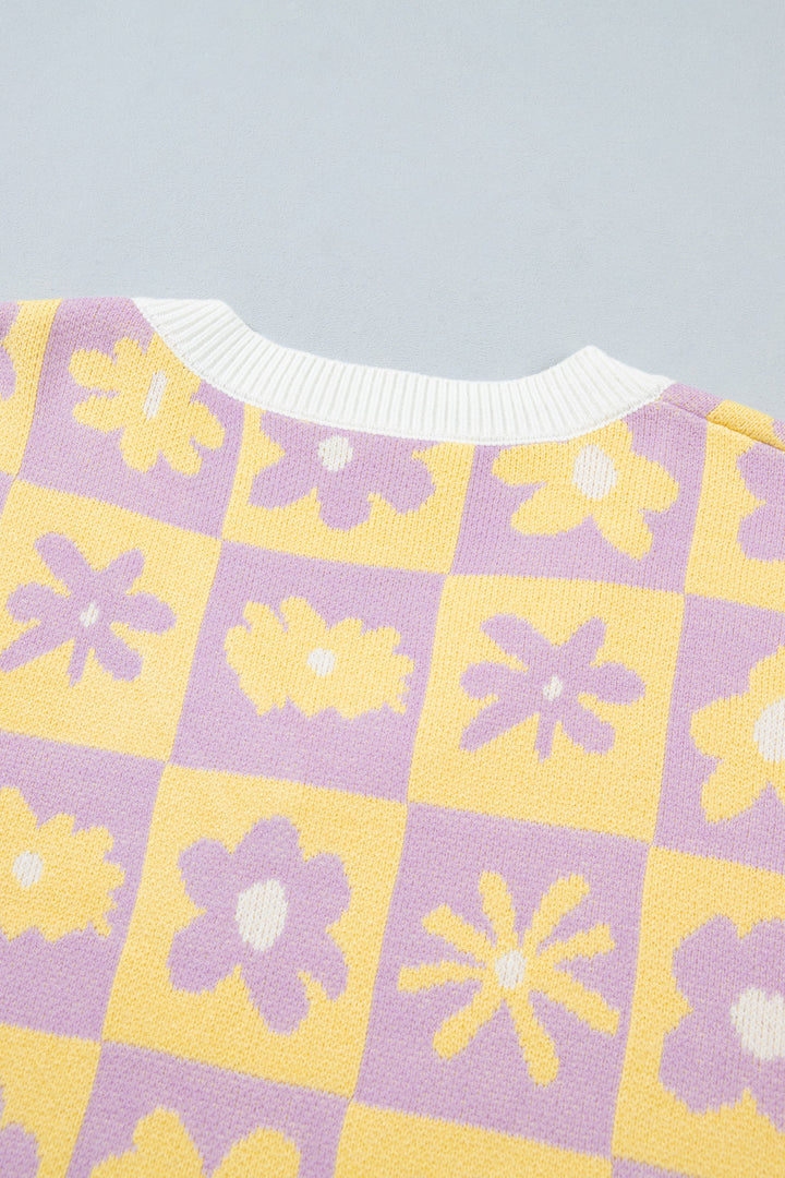 Multicolour V Neck Plaid Floral Long Sleeve Plus Size Sweater