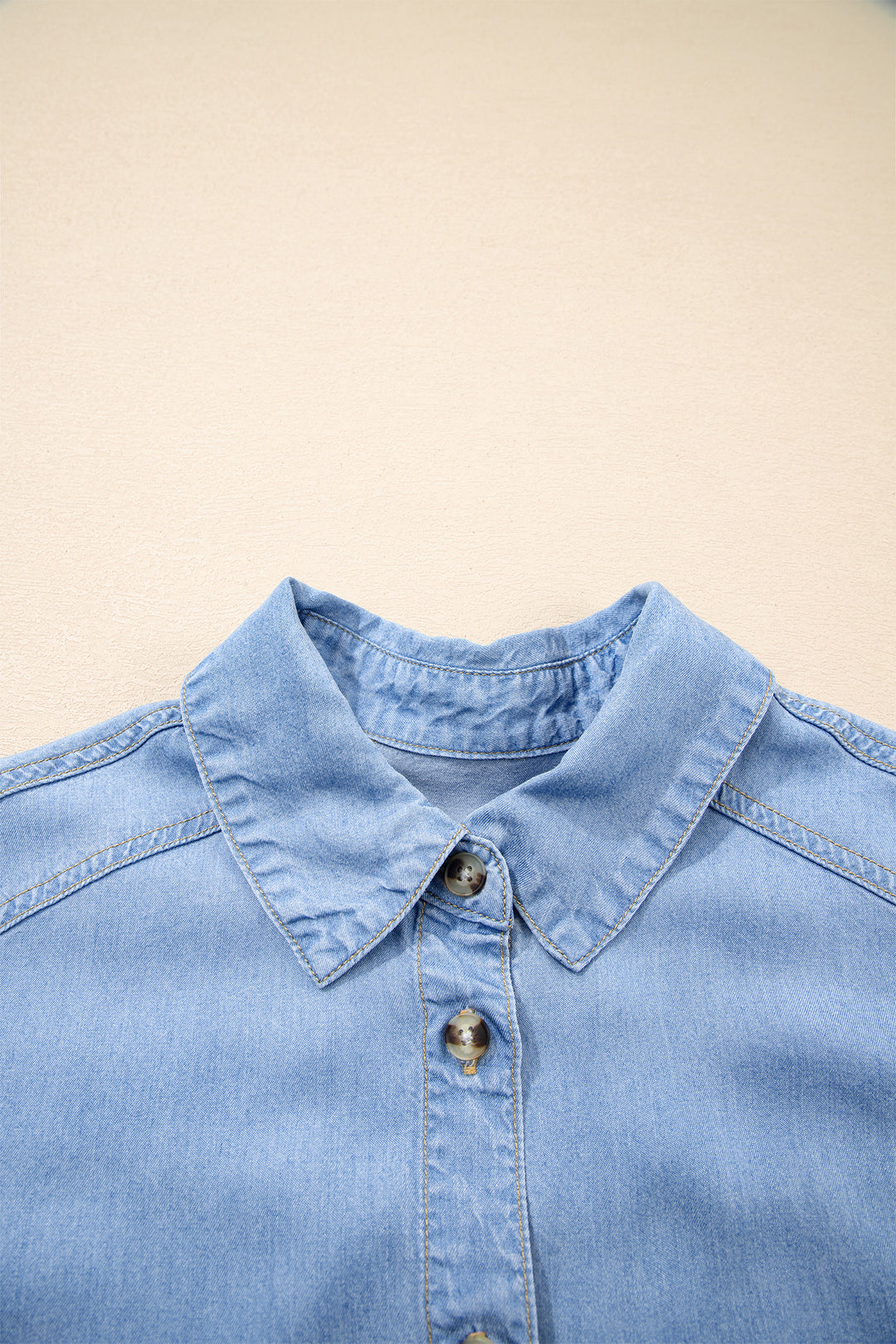 Half Sleeve Button Down Ruffled High Low Chambray Shirt