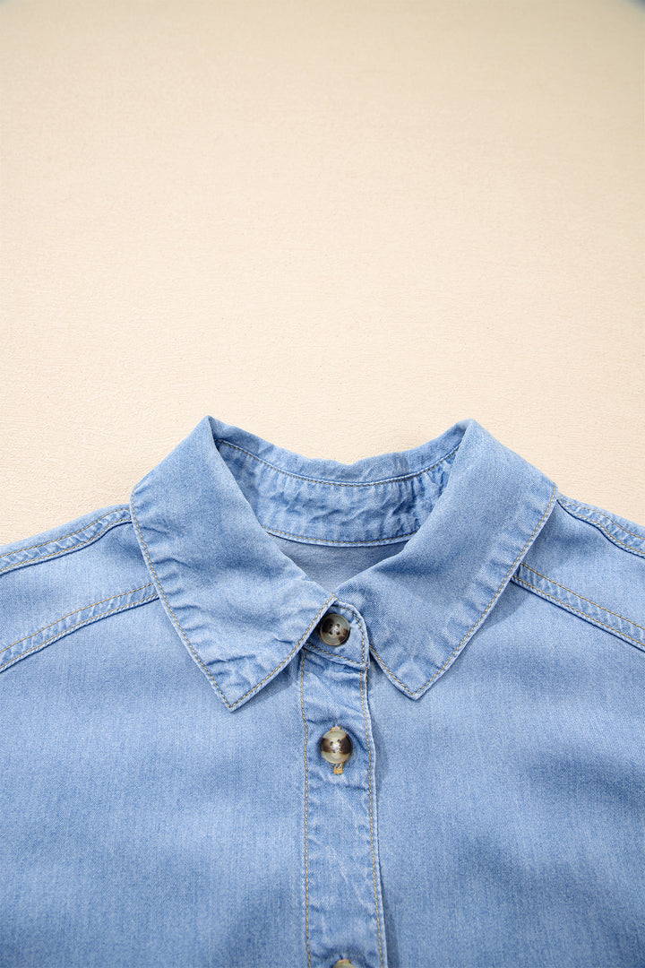 Half Sleeve Button Down Ruffled High Low Chambray Shirt