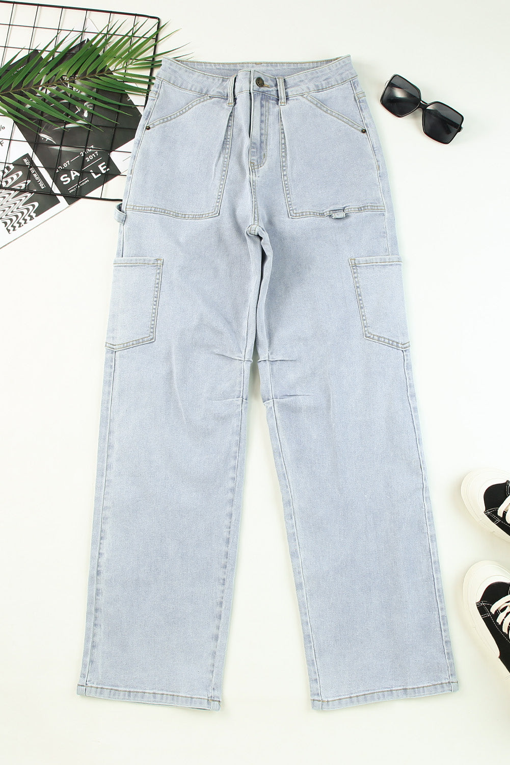 Sky Blue Multi Pocketed Y2K Street Fashion Shift Jeans