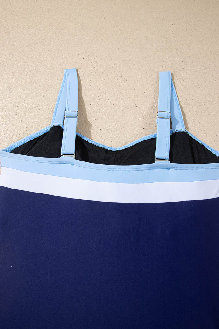 Navy Blue Color Block Detail Adjustable Straps One Piece Swimsuit