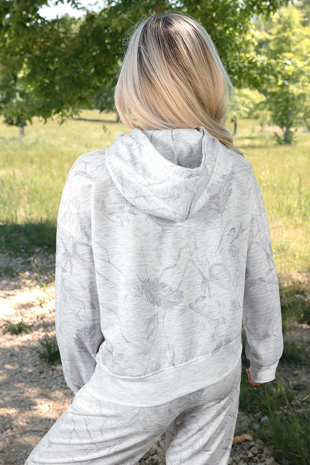 Light Grey Abstract Print Loose Hoodie Elastic Waistband 2pcs Pant Set
