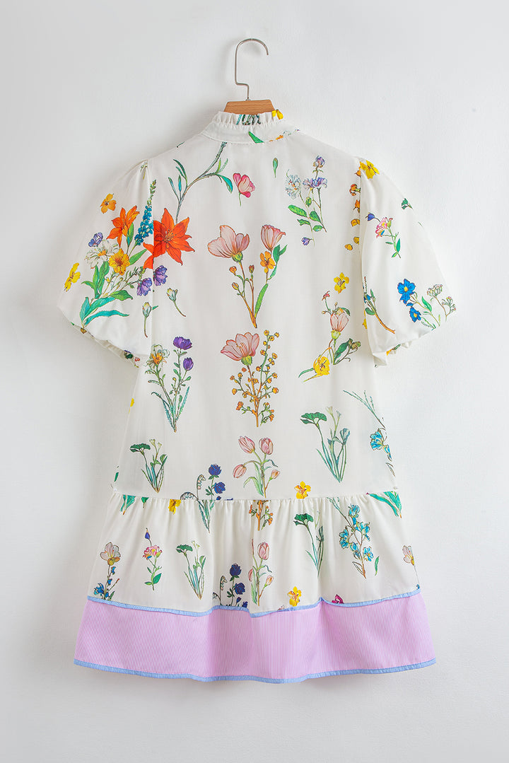 Floral Print Contrast Striped Patchwork Short Puff Sleeve Dress