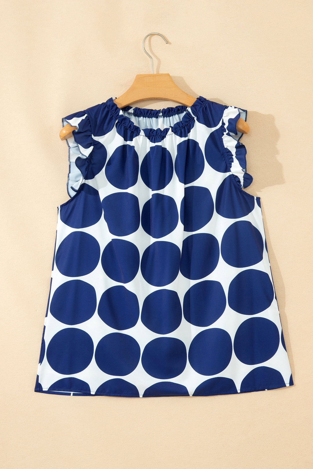 Blue Polka Dot Print Frilled Round Neck Shift Tank Top