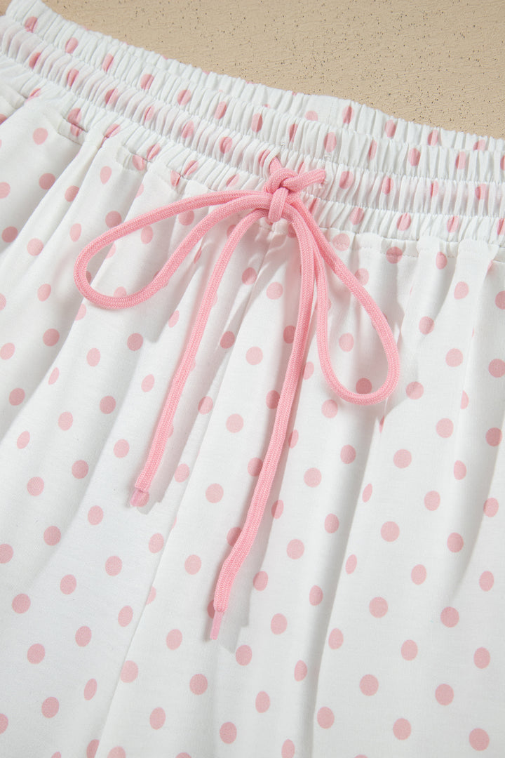 Pink Polka Dot Patchwork Colorblock Long Sleeve Casual Two Piece Pants Set