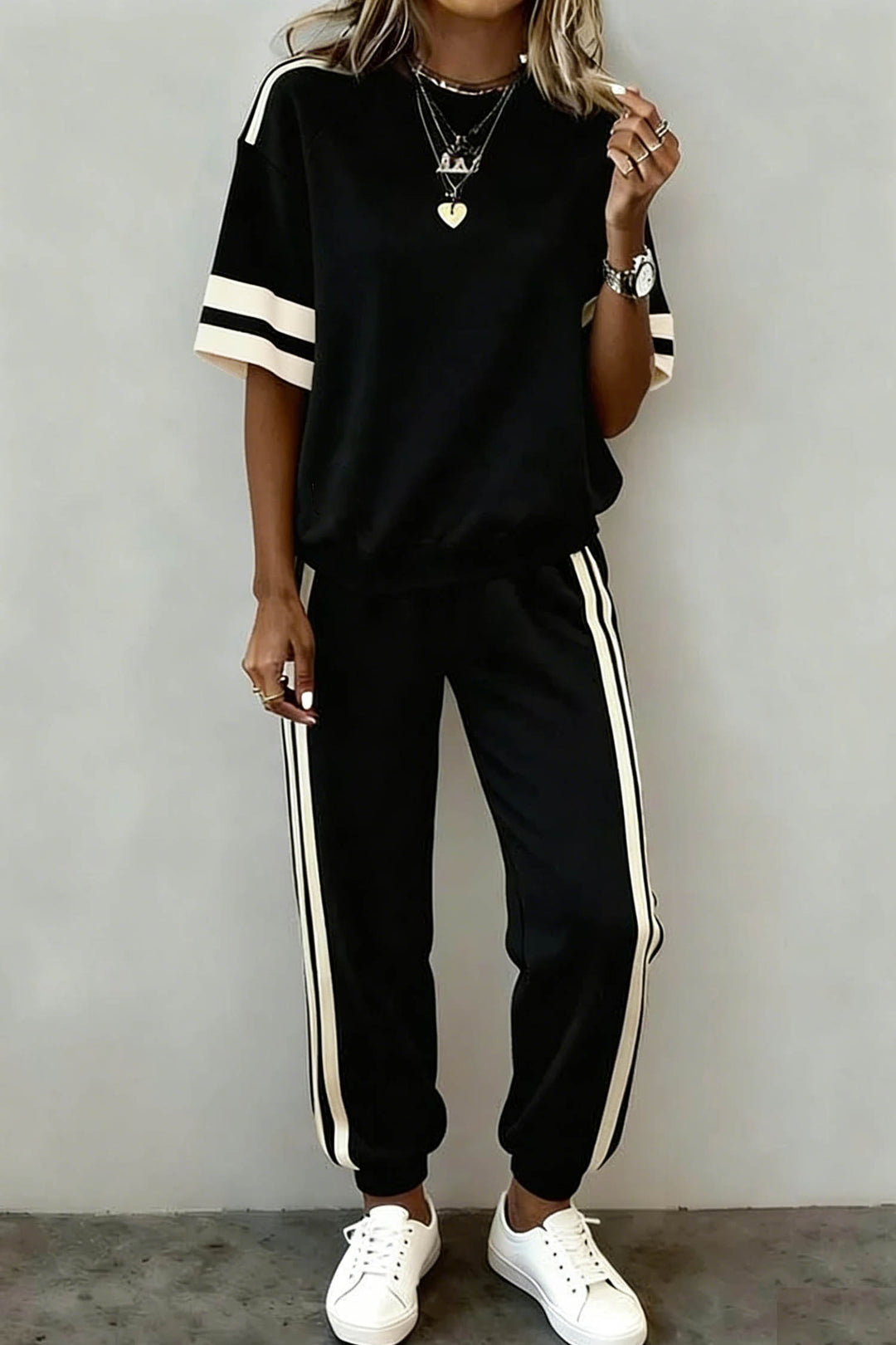 Black Varsity Striped Detail Loose Tee Jogger Pants 2pcs Outfit