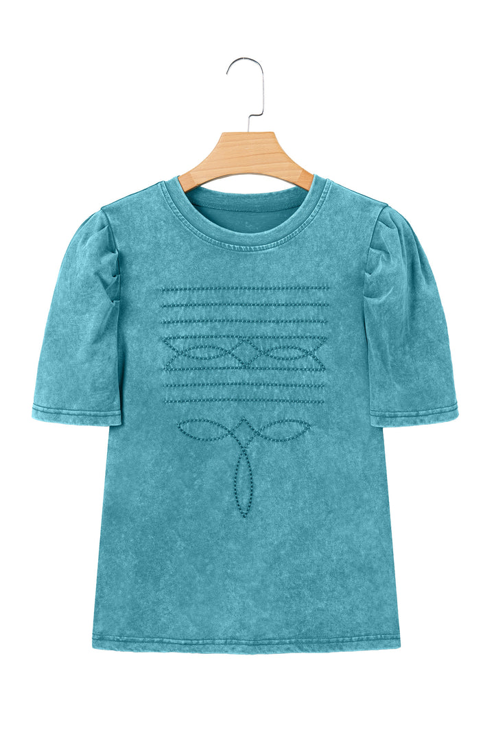 Turquoise Mineral Wash Western Embroidered Detail Short Puff Sleeve Cotton Tee