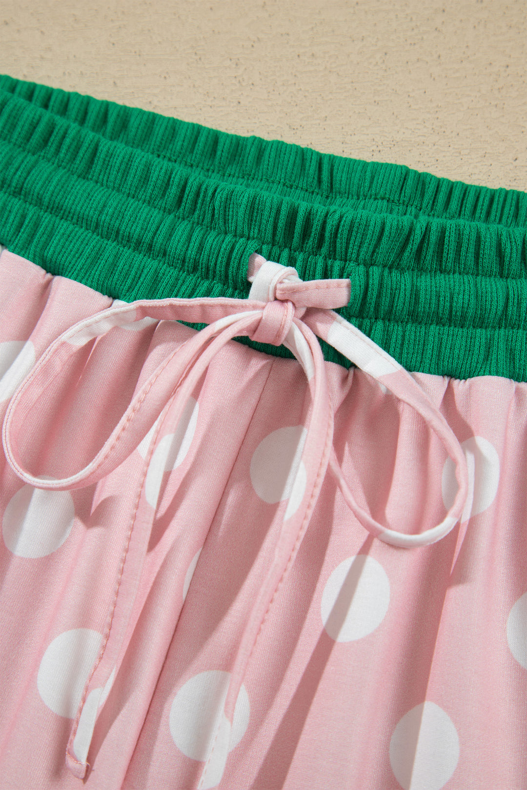 Pink Polka Dot Contrast Trim Long Sleeve Top Drawstring Shift Pants Set