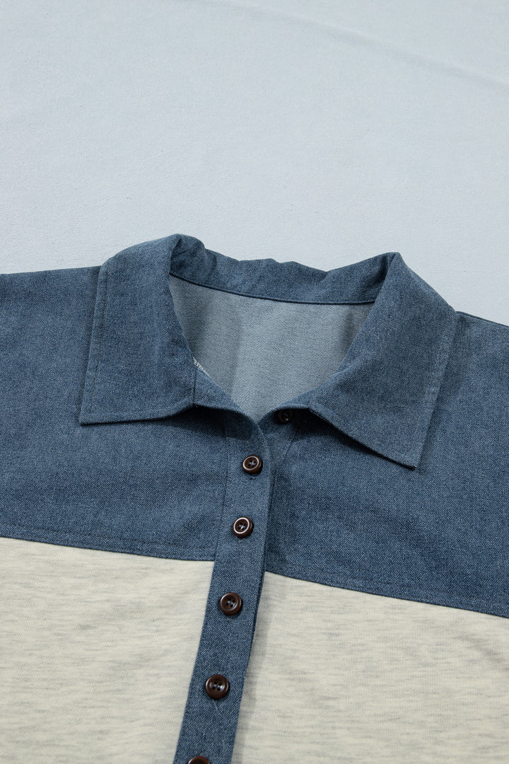 Light Grey Half Buttons Collared Denim Plus Short Sleeve Top