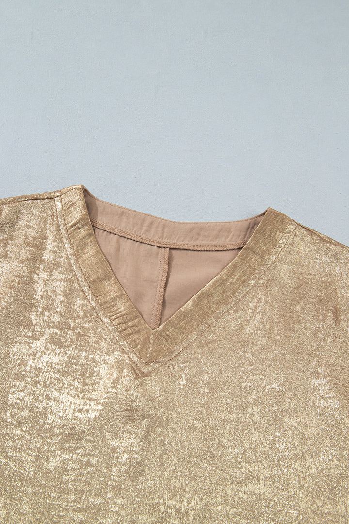 Parchment Metallic V Neck Button Cuffed Long Sleeve Dolman Blouse