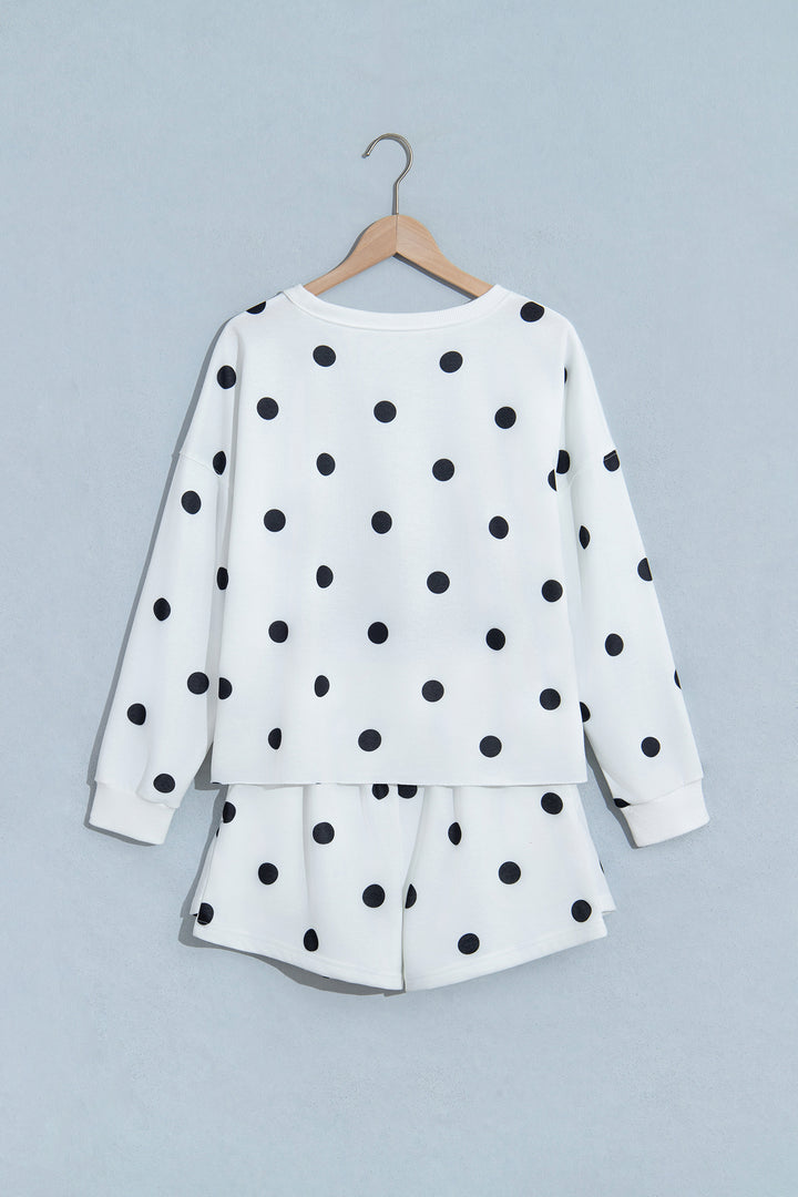 Beige Polka Dot Raw Hem Relaxed Pullover Loose Skort Two Piece Set