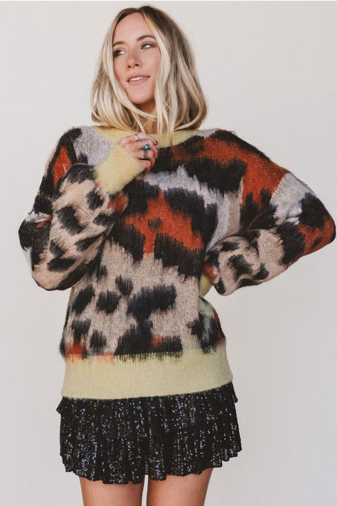Khaki Leopard Print Long Sleeve Round Neck Sweater