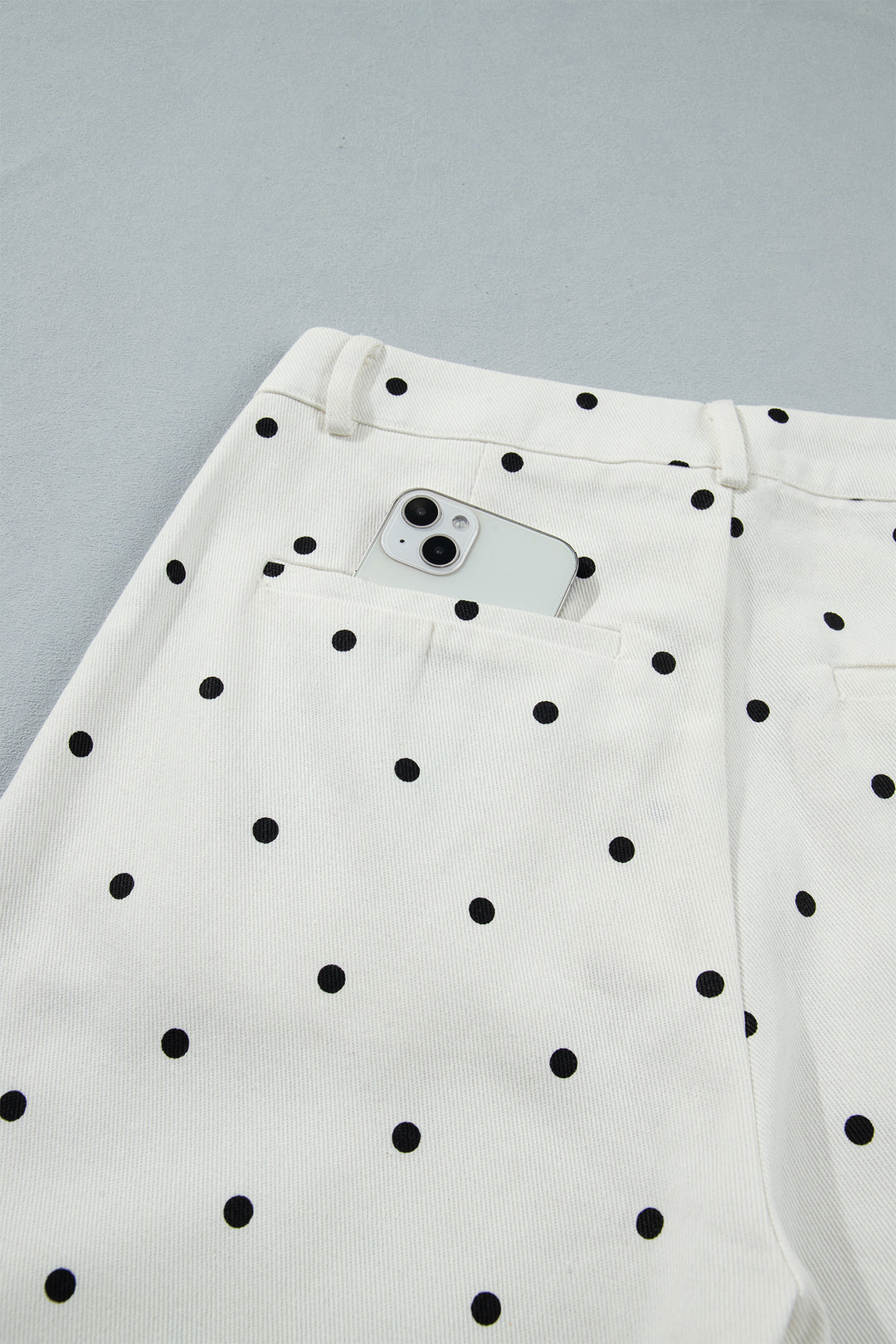 White Polka Dot Print Scalloped Patch Pocket Cotton Shift Pants