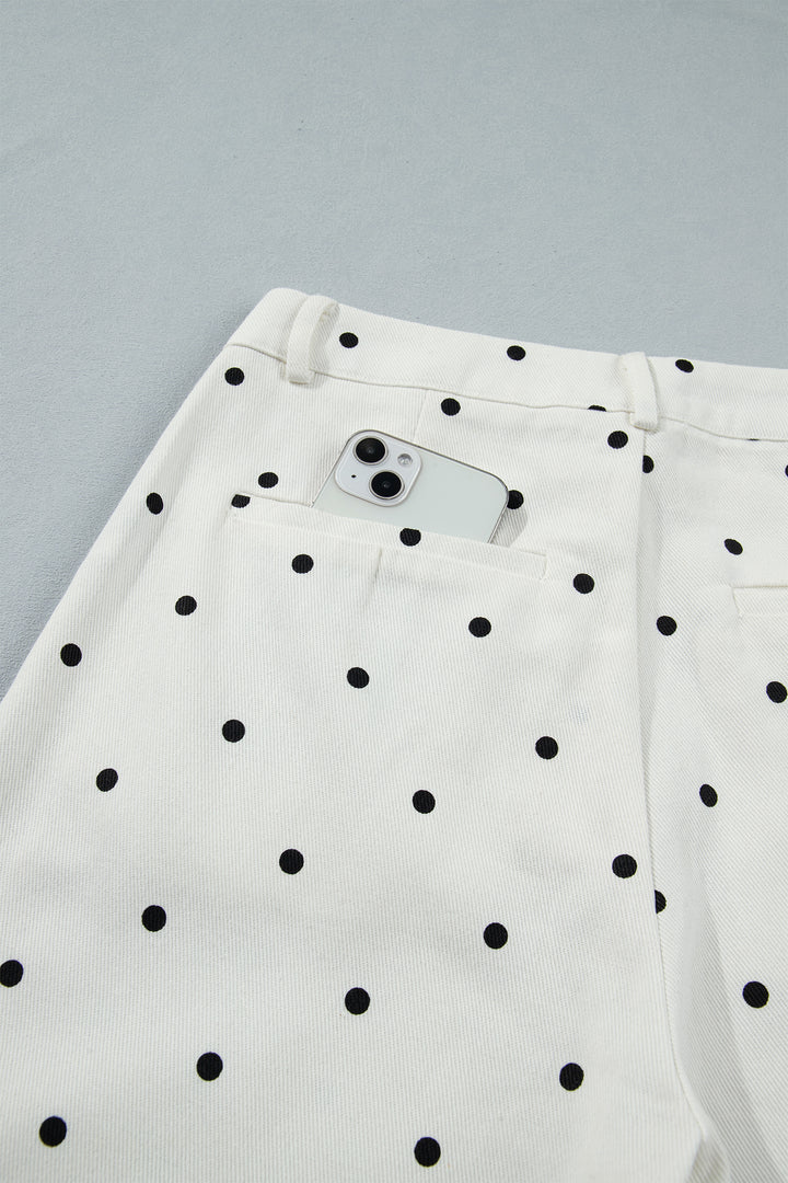 White Polka Dot Print Scalloped Patch Pocket Cotton Shift Pants