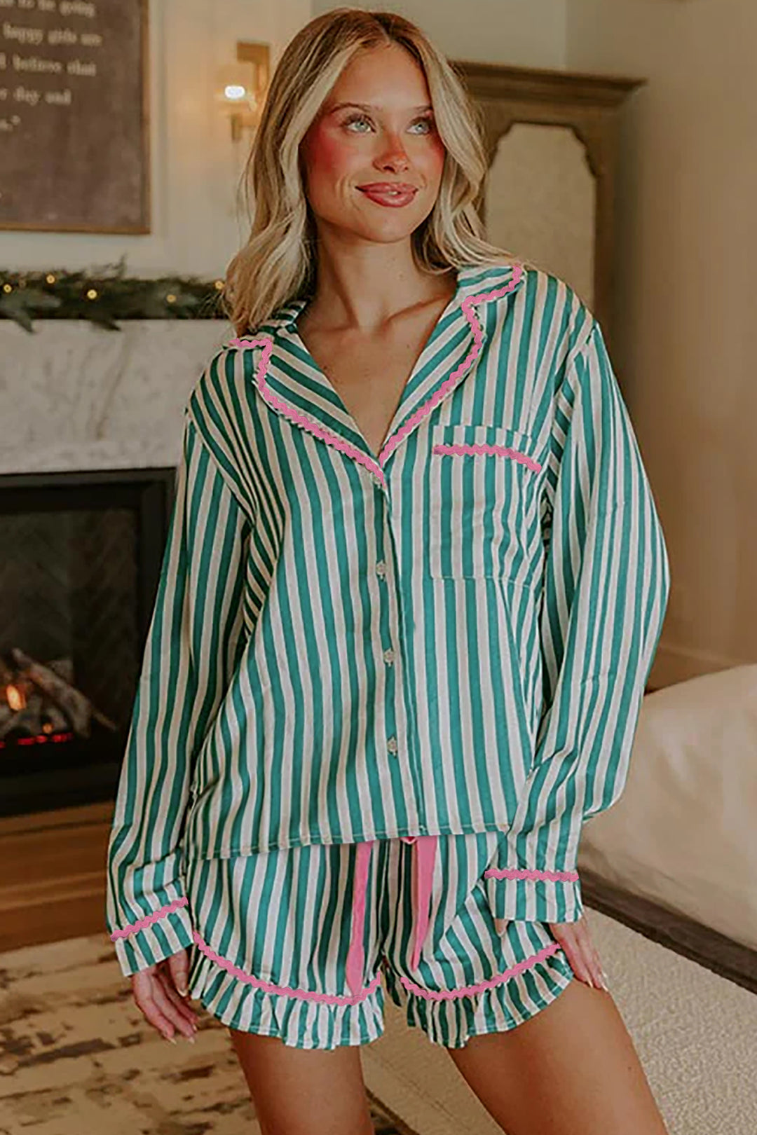 Green Stripe Contrast Ricrac Trim Long Sleeve Shirt Drawstring Ruffled Pajama Short Set