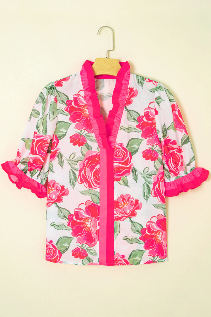 Floral Frilled V Neck Short Sleeve Blouse Top