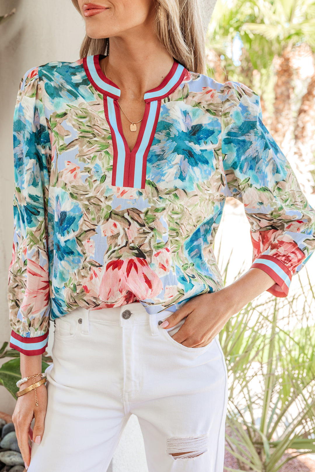 Contrast Trim V Neck Cuffed Bracelet Sleeve Floral Blouse