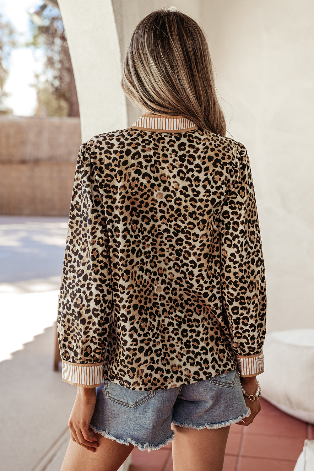Contrast Striped Trim V Neck Leopard Shirt
