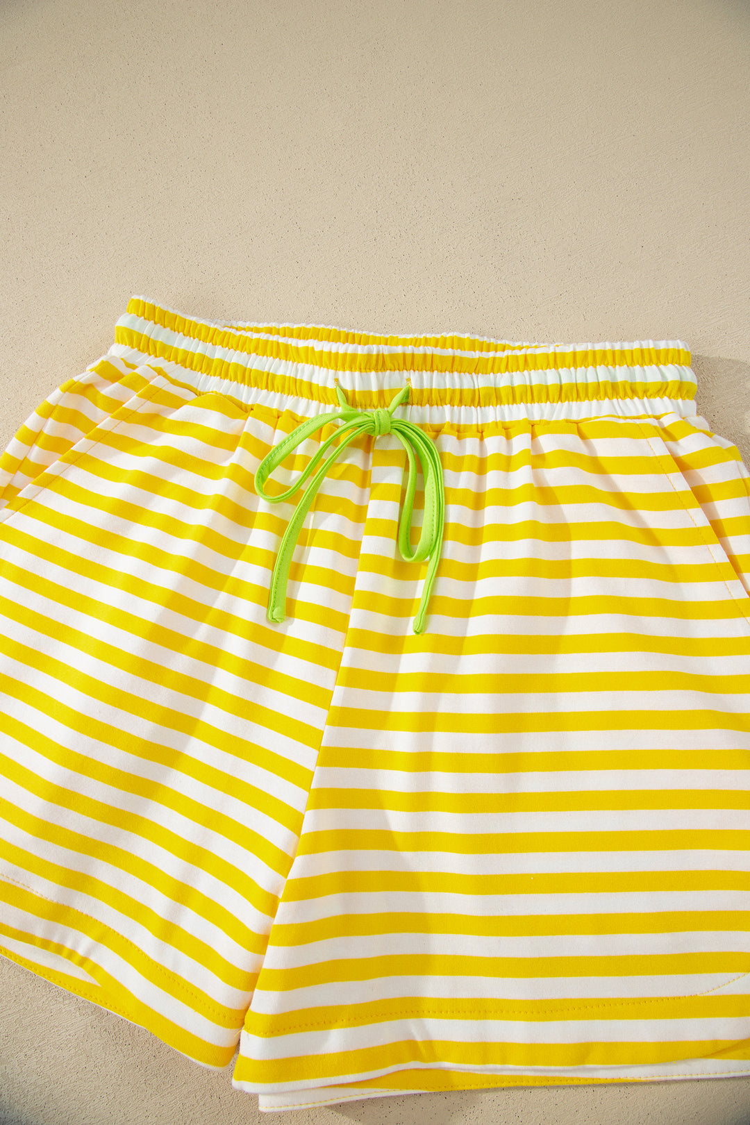 Yellow Stripe Contrast Neck Loose Tee and Drawstring Shorts Set
