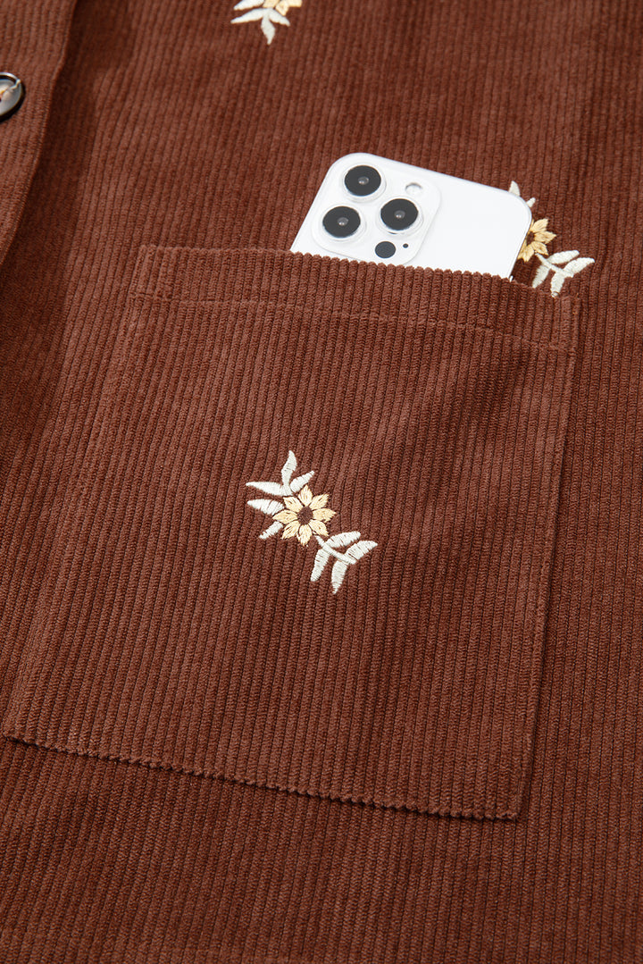 Coffee Floral Embroidered Collar Button Front Corduroy Jacket With Pocket