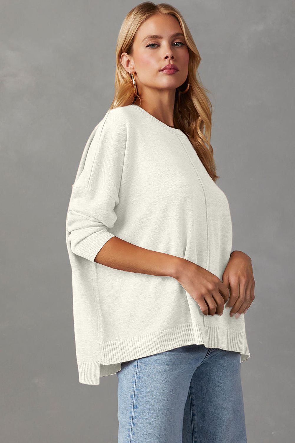 Front Center Seam Drop Shoulder Pullover Solid Sweater