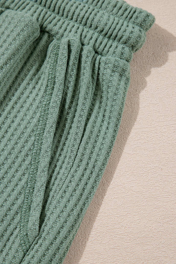 Green Solid Color Waffled V Neck Loose Tee Drawstring Shorts Set