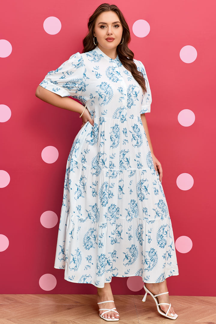 Sky Blue Plus Size Geometric Floral Print Short Sleeve Maxi Dress